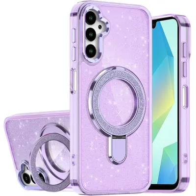 For Samsung s25 FE Transparent Glitter Rotaional Magnetic Ring Stand HQ Hybrid - Light Purple