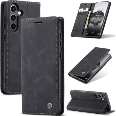 For Samsung s25 Plus/s24 Plus Luxury Wallet Card ID Zipper Money Holder Case Cover - Black