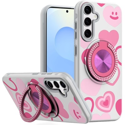 For Samsung s25 Plus/s24 Plus Metal Diamond CD Pattern Design Matte Finished Hybrid with Rotational Ring [Car Mount Friendly] Case - Hearts