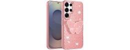 For Samsung s25 Ultra Butterfly Moveable Grip Stand With Small  Diamonds Meta Buttons HQ Hybrid - Pink