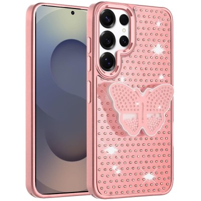 For Samsung s25 Ultra Butterfly Moveable Grip Stand With Small  Diamonds Meta Buttons HQ Hybrid - Pink