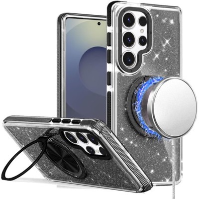 For Samsung s25 Ultra Glitz HQ Shimmer Glitter [Magnetic Ring Circle] with 360 degree Rotational Ring Kickstand Tough Hybrid Case - Black