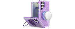 For Samsung s25 Ultra Glitz HQ Shimmer Glitter [Magnetic Ring Circle] with 360 degree Rotational Ring Kickstand Tough Hybrid Case - Purple