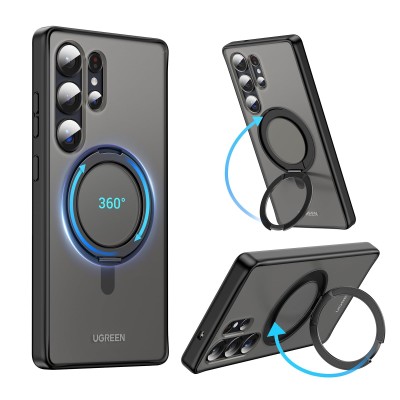 For Samsung s25 Ultra Transparent Glitter Rotaional Magnetic Ring  Stand HQ Hybrid - Black
