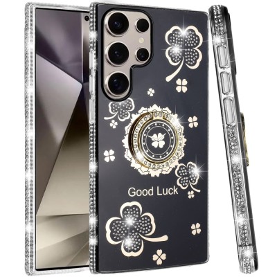 For Samsung s25 Ultra Spectacular Full Bling Stones Glitter HQ Hybrid Floral Series - Black