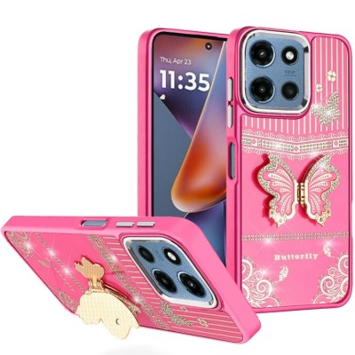 For Samsung s25 Ultra Splendid Glitter Butterfly Design Stand with  Metallic Edges Hybrid Case - Hot Pink