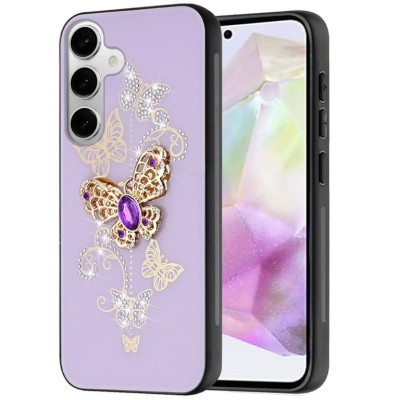 For Samsung s25 Ultra Splendid Glitter Butterfly Design Stand with  Metallic Edges Hybrid Case - Light Pink