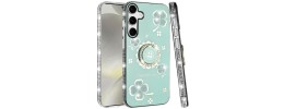 For Samsung s25/s24 Splendid Glitter with Diamonds All Around Edges Ring Stand Case Cover - Teal
