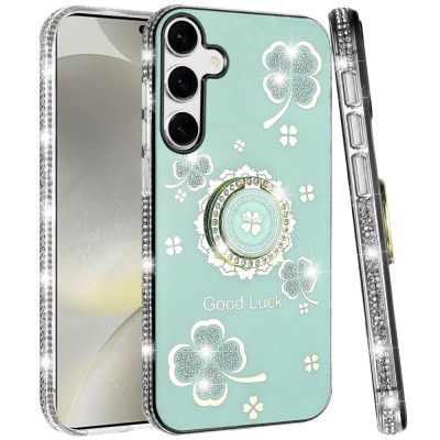 For Samsung s25/s24 Splendid Glitter with Diamonds All Around Edges Ring Stand Case Cover - Teal