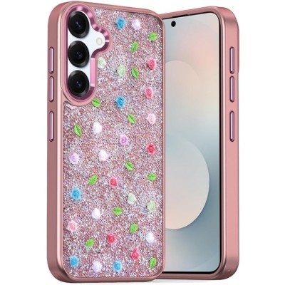 For Samsung s26 Crystal Glass Diamond with Metallic Buttons and Edges Hybrid Case - Rose Gold