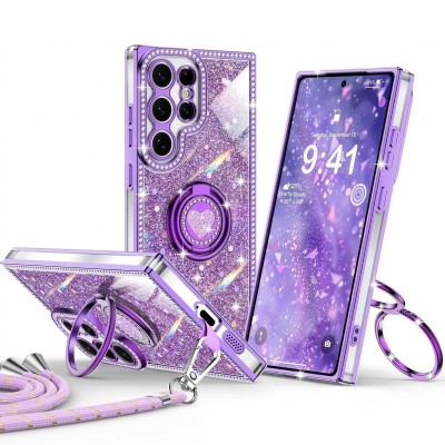 For Samsung s26 Edge Splendid Glitter with Diamonds All Around Edges Ring Stand Case Cover - Purple