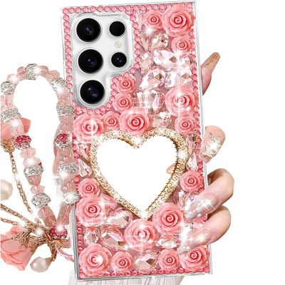 For Samsung s26 Full Diamond with Ornaments Case Cover - Hearty Pink Pearl Heart