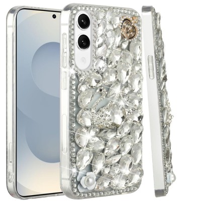 For Samsung s26 Full Diamond with Ornaments Case Cover - Silver Swan Crown Pearl