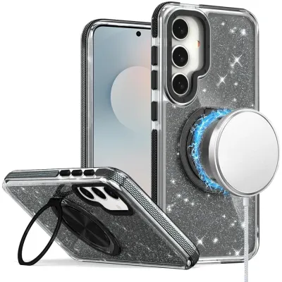 For Samsung s26 Glitz HQ Shimmer Glitter [Magnetic Ring Circle] with 360 degree Rotational Ring Kickstand Tough Hybrid Case - Black