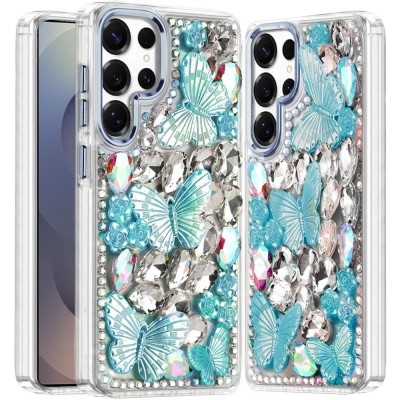 For Samsung s26 Lavished Floral Butterfly Bling Stones Hybrid Case - Blue