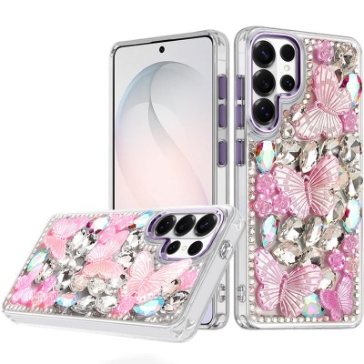 For Samsung s26 Lavished Floral Butterfly Bling Stones Hybrid Case - Pink