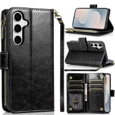 For Samsung s26 Luxury Wallet Card ID Zipper Money Holder Case Cover - Black