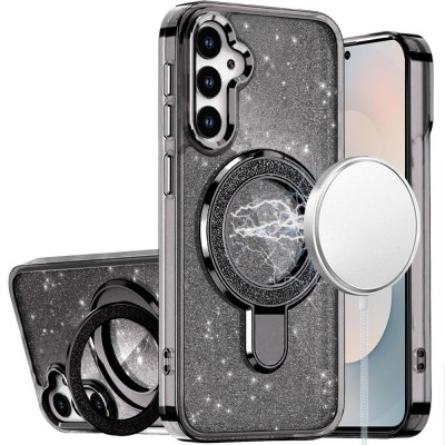 For Samsung s26 Ultra Transparent Glitter Rotaional Magnetic Ring Stand HQ Hybrid - Black
