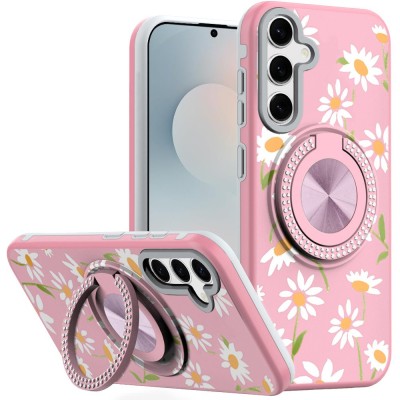 For Samsung s26 Metal Diamond CD Pattern Design Matte Finished Hybrid with Rotational Ring [Car Mount Friendly] Case - Floral A