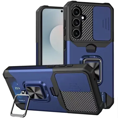 For Samsung s26 Plus Multi-Functional Card Magnetic Ring Stand Hybrid Camera Case Cover - Blue