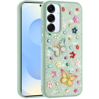 For Samsung s26 Plus Splendid Glitter Butterfly Design Stand with Metallic Pluss Hybrid Case - Teal