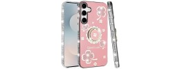 For Samsung s26 Splendid Glitter with Diamonds All Around Edges Ring Stand Case Cover - Pink
