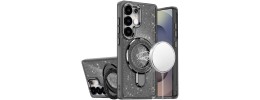 For Samsung s26 Transparent Glitter Rotaional Magnetic Ring Stand HQ Hybrid - Black