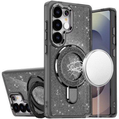 For Samsung s26 Transparent Glitter Rotaional Magnetic Ring Stand HQ Hybrid - Black