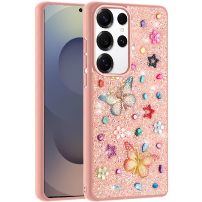 For Samsung s26 Ultra Butterfly Ornaments Diamond Bling Glitter Hybrid Case - Light Pink