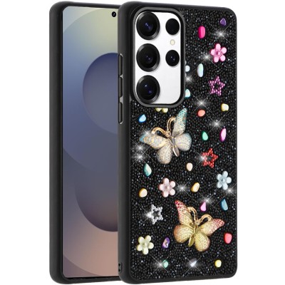 For Samsung s26 Ultra Cute Butterfly Ornaments Diamonds Shimmer Matching Metallic HQ Hybrid - Black