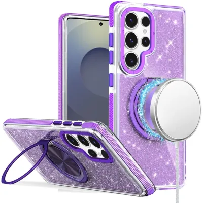For Samsung s26 Ultra Glitz HQ Shimmer Glitter [Magnetic Ring Circle] with 360 degree Rotational Ring Kickstand Tough Hybrid Case - Purple