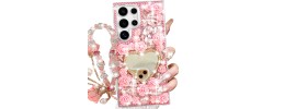 For Samsung s26 Ultra Luxury Crystal Heart Rhinestones Diamond Bling Hybrid Case - Hot Pink