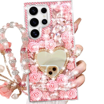 For Samsung s26 Ultra Luxury Crystal Heart Rhinestones Diamond Bling Hybrid Case - Hot Pink