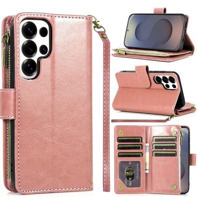 For Samsung s26 Ultra Luxury Wallet Card ID Zipper Money Holder Case Cover - Hot Pink