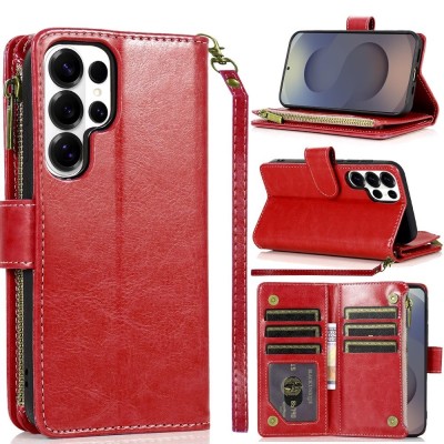 For Samsung s26 Ultra Luxury Wallet Card ID Zipper Money Holder Case Cover - Red