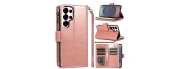 For Samsung s26 Ultra Luxury Wallet Card ID Zipper Money Holder Case Cover - Rose Gold