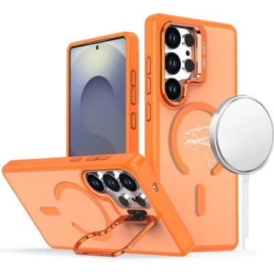For Samsung s26 Ultra Magnetic Circle Ring Transparent Premium Acrylic with Metal Buttons & Camera Raised Lip - Cosmic Orange