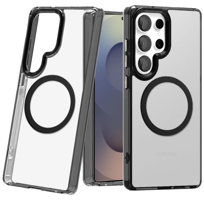 For Samsung s26 Ultra Magnetic Circle Ring Transparent Premium Acrylic with Metal Buttons & Camera Raised Lip - Black