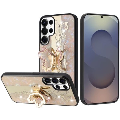 For Samsung s26 Ultra SPLENDID Diamond Glitter Ornaments Engraving Case Cover - Enchanted Butterfly Gold