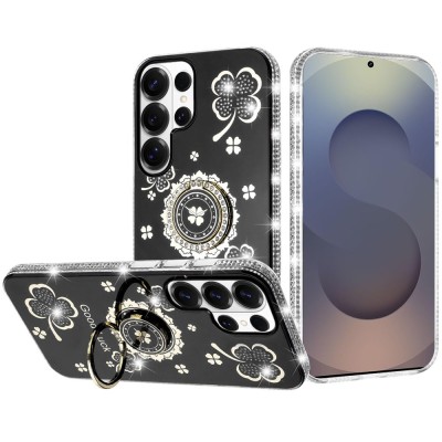 For Samsung s26 Ultra Splendid Glitter with Diamonds All Around Edges Ring Stand Case Cover - Black