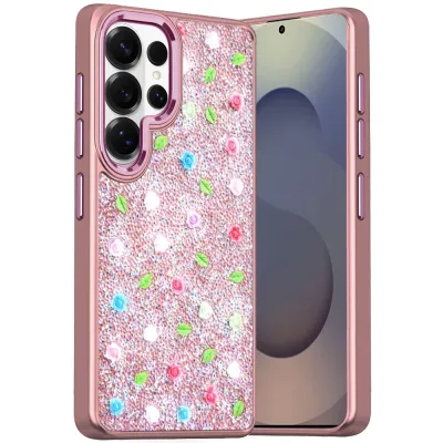 For Samsung s26 Ultra Stick-On Embedded Glass Diamonds of Colorful Floral Arrangement HQ Hybrid Case - Rose Gold