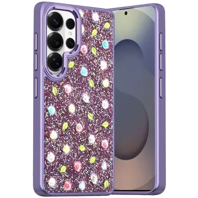 For Samsung s26 Ultra Stick-On Embedded Glass Diamonds of Colorful Floral Arrangement HQ Hybrid Case - Purple