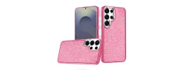 For Samsung s26 Ultra Crystal Glass Diamond with Metallic Buttons and Edges Hybrid Case - Hot Pink
