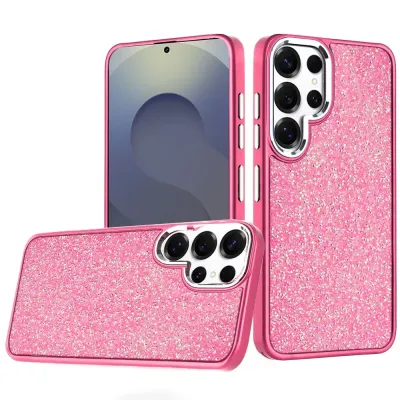 For Samsung s26 Ultra Crystal Glass Diamond with Metallic Buttons and Edges Hybrid Case - Hot Pink