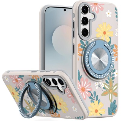 For Samsung s26 Metal Diamond CD Pattern Design Matte Finished Hybrid with Rotational Ring [Car Mount Friendly] Case - Floral E