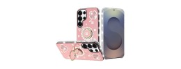 For Samsung s26 Ultra Splendid Glitter with Diamonds All Around Edges Ring Stand Case Cover - Pink