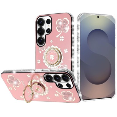 For Samsung s26 Ultra Splendid Glitter with Diamonds All Around Edges Ring Stand Case Cover - Pink