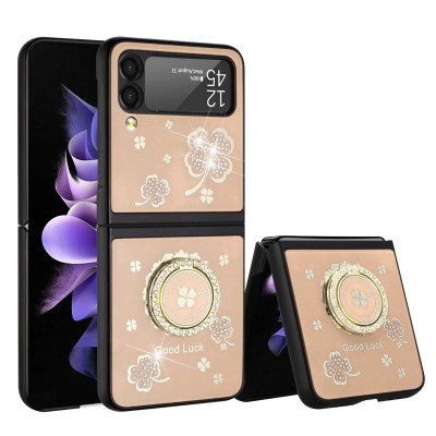 For Samsung Z Flip 6 SPLENDID Diamond Glitter Ornaments Engraving Case Cover - Good Luck Floral Gold