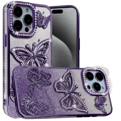 For iP15 Pro Max Butterfly Freedom Shimmer Glitter Thick TPU Case Cover - Purple