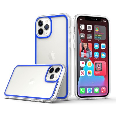 For iPhone 13 Pro Colored Frame Bumper Silk Print PC TPU Hybrid Case Cover - Blue